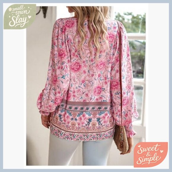 Floral Bishop Sleeve Tie Front Blouse, Viscose Material, Regular Fit - Picture 2 of 5